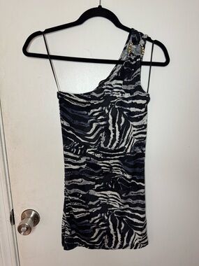 Vintage Express One-Shoulder Zebra Print Mini Dress in Black & White